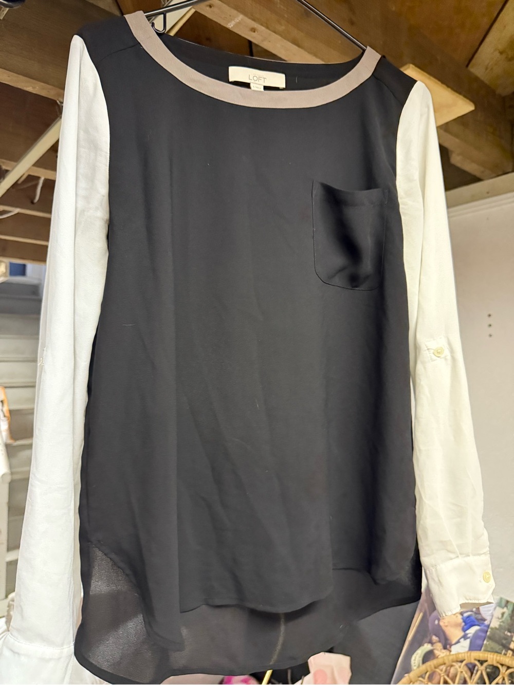 LOFT Black Body with White Sleeves and Beige Trim Blouse